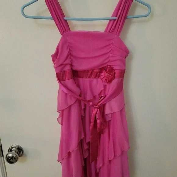 AMY BYER Hot Pink Satin Cascade Bow Tie Waist Ruffle Dress - Picture 3 of 5